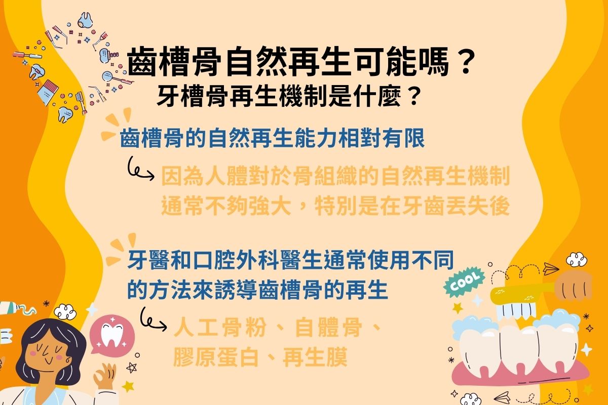 齒槽骨的自然再生能力相對有限，這是因為人體對於骨組織的自然再生機制通常不夠強大，特別是在牙齒丟失後