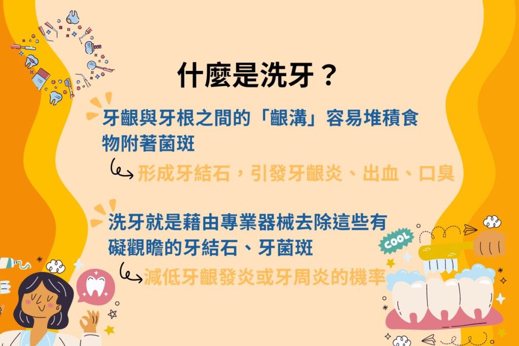 洗牙就是藉由專業器械去除這些有礙觀瞻的牙結石、牙菌斑，減低牙齦發炎或牙周炎的機率