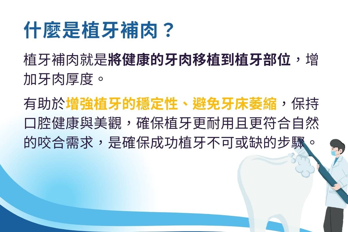 植牙補肉就是將健康的牙肉移植到植牙部位，增加牙肉厚度，增加植牙穩定及成功率。